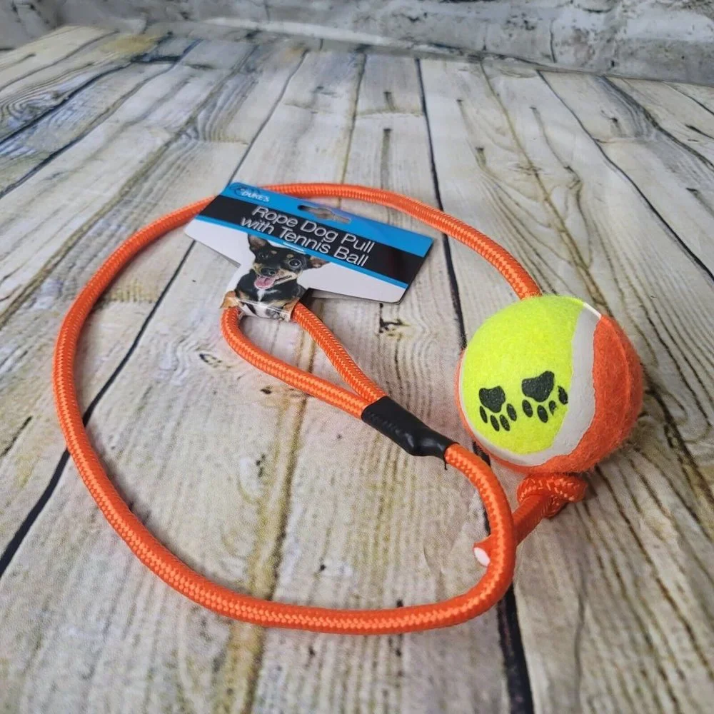 Dukes Rope Dog Pull With Tennis Ball Orange Yellow